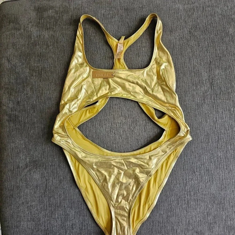 Skims Signature Swim Gold Cut Out Monokini Racerback One Piece Swimsuit Size 2X